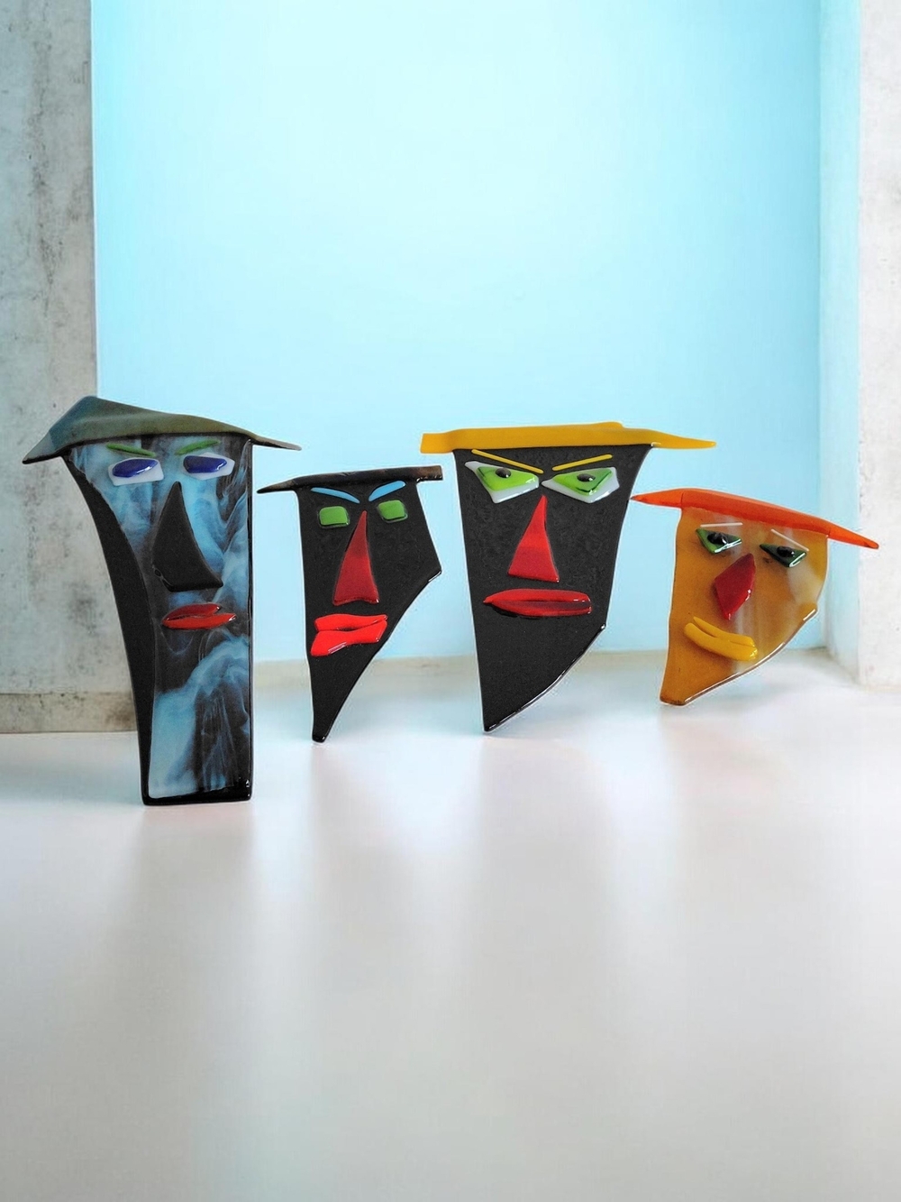 Picasso Inspired  Fused Glass Art Colorful Faces Set of 4 Signed By Designer